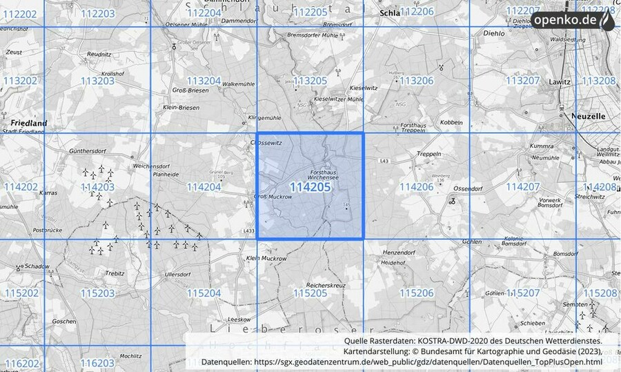 Übersichtskarte des KOSTRA-DWD-2020-Rasterfeldes Nr. 114205