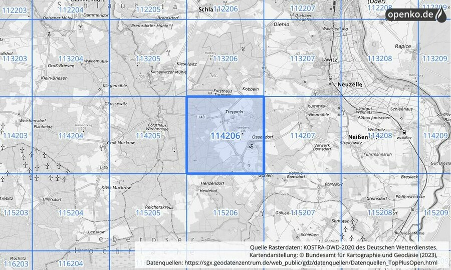 Übersichtskarte des KOSTRA-DWD-2020-Rasterfeldes Nr. 114206