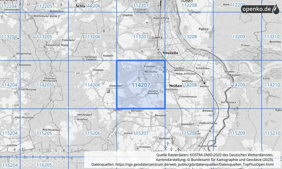 Übersichtskarte des KOSTRA-DWD-2020-Rasterfeldes Nr. 114207