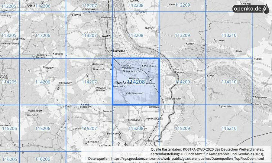 Übersichtskarte des KOSTRA-DWD-2020-Rasterfeldes Nr. 114208