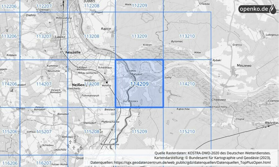 Übersichtskarte des KOSTRA-DWD-2020-Rasterfeldes Nr. 114209