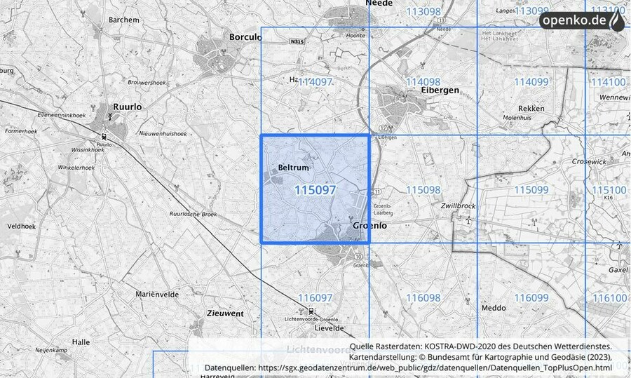 Übersichtskarte des KOSTRA-DWD-2020-Rasterfeldes Nr. 115097