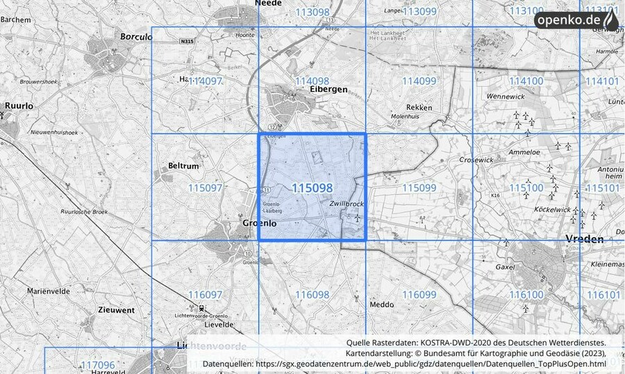 Übersichtskarte des KOSTRA-DWD-2020-Rasterfeldes Nr. 115098