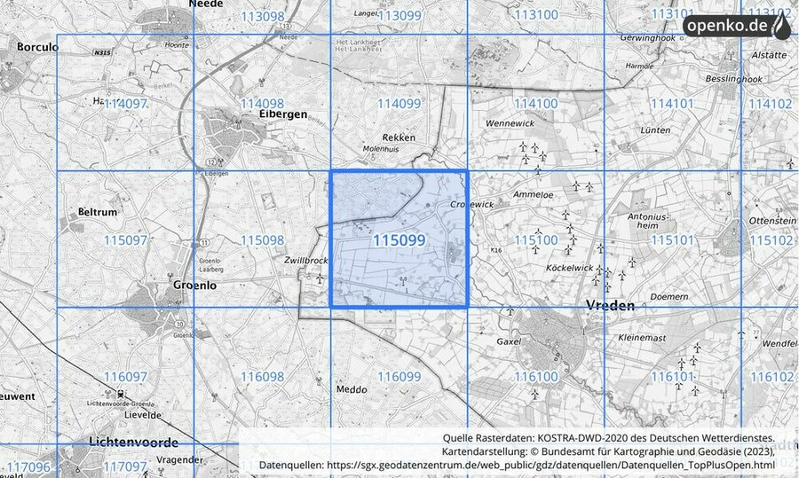 Übersichtskarte des KOSTRA-DWD-2020-Rasterfeldes Nr. 115099