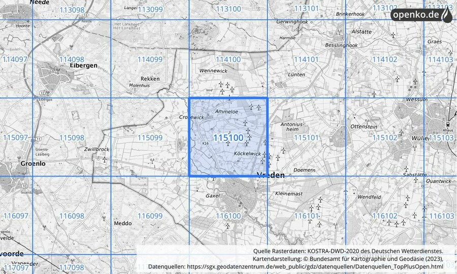 Übersichtskarte des KOSTRA-DWD-2020-Rasterfeldes Nr. 115100