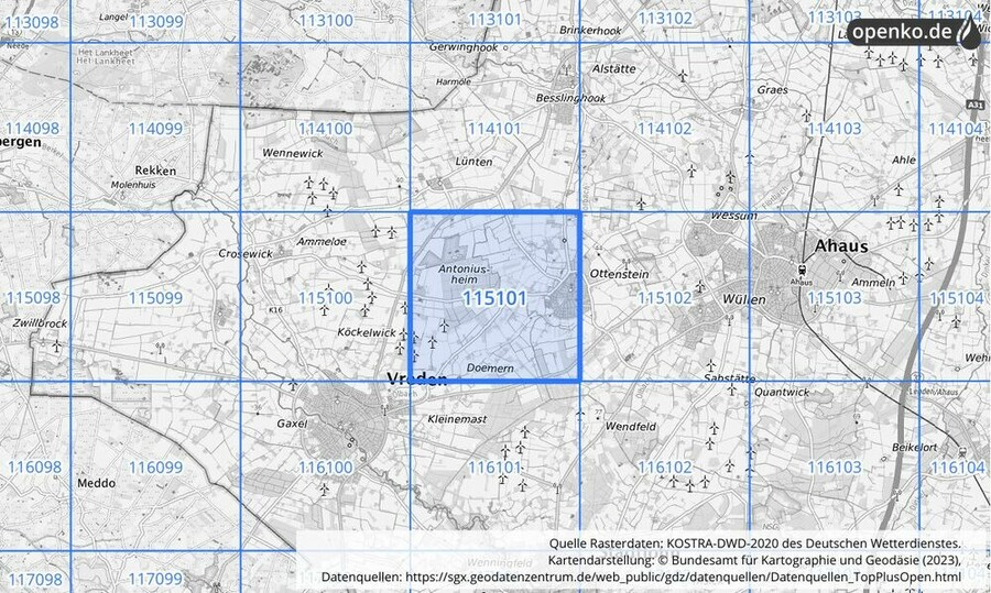 Übersichtskarte des KOSTRA-DWD-2020-Rasterfeldes Nr. 115101