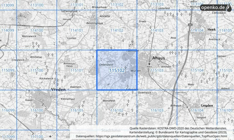 Übersichtskarte des KOSTRA-DWD-2020-Rasterfeldes Nr. 115102