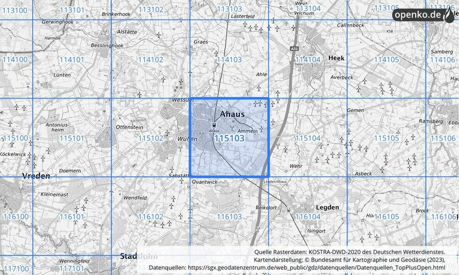 Übersichtskarte des KOSTRA-DWD-2020-Rasterfeldes Nr. 115103