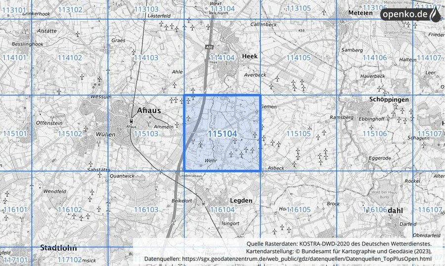 Übersichtskarte des KOSTRA-DWD-2020-Rasterfeldes Nr. 115104