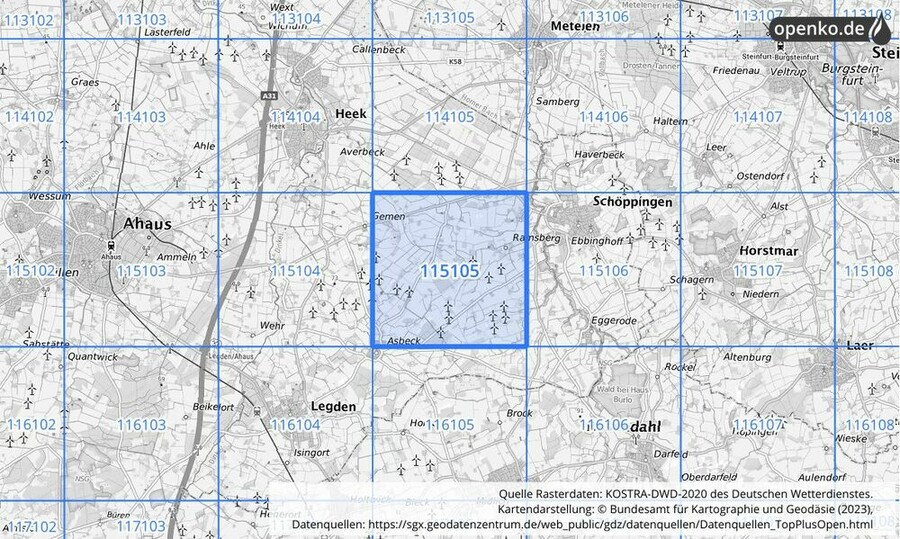 Übersichtskarte des KOSTRA-DWD-2020-Rasterfeldes Nr. 115105