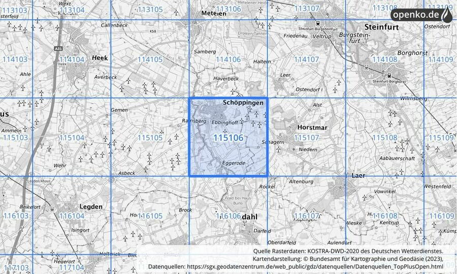 Übersichtskarte des KOSTRA-DWD-2020-Rasterfeldes Nr. 115106