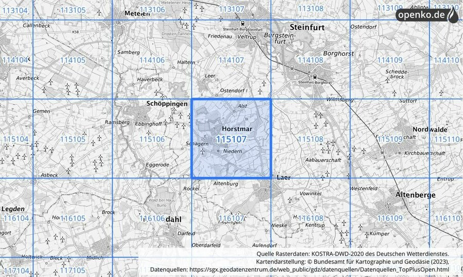 Übersichtskarte des KOSTRA-DWD-2020-Rasterfeldes Nr. 115107