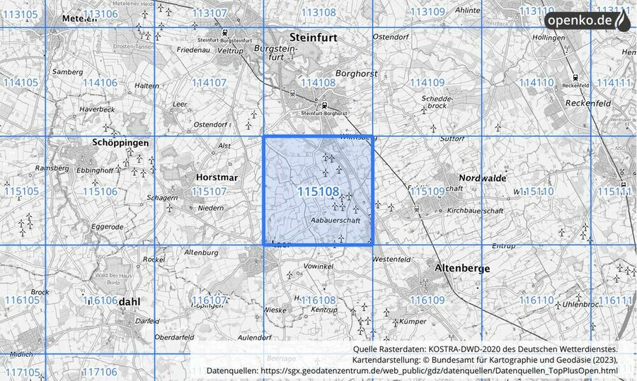 Übersichtskarte des KOSTRA-DWD-2020-Rasterfeldes Nr. 115108