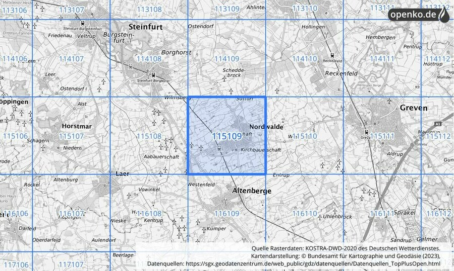 Übersichtskarte des KOSTRA-DWD-2020-Rasterfeldes Nr. 115109