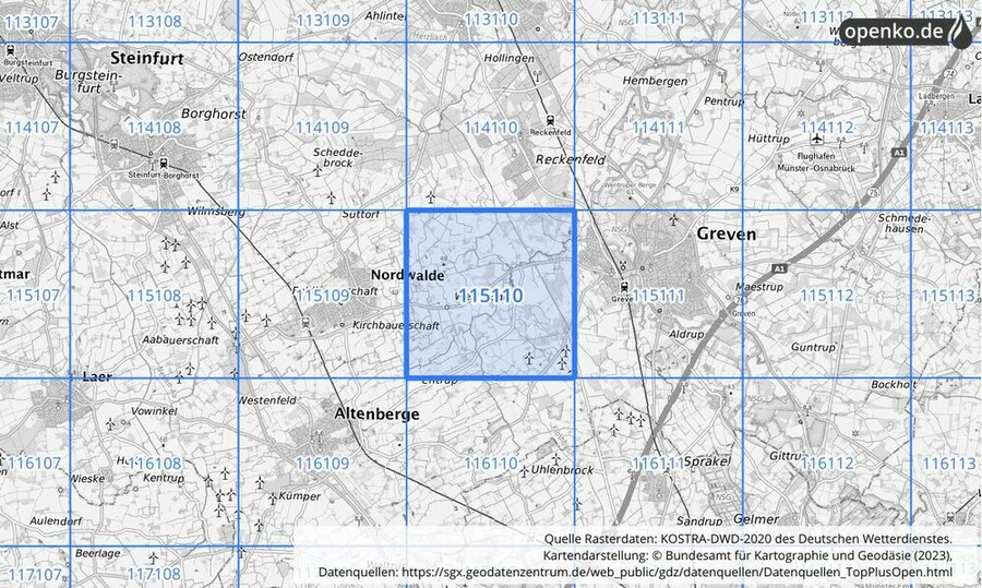 Übersichtskarte des KOSTRA-DWD-2020-Rasterfeldes Nr. 115110