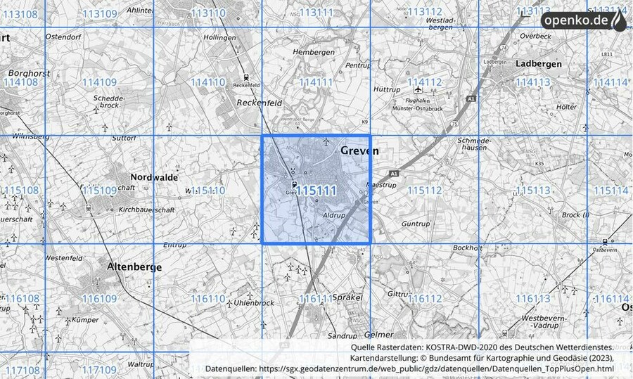 Übersichtskarte des KOSTRA-DWD-2020-Rasterfeldes Nr. 115111