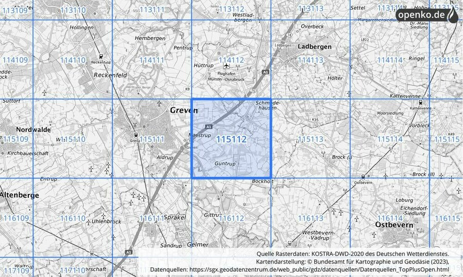 Übersichtskarte des KOSTRA-DWD-2020-Rasterfeldes Nr. 115112