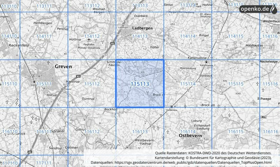 Übersichtskarte des KOSTRA-DWD-2020-Rasterfeldes Nr. 115113