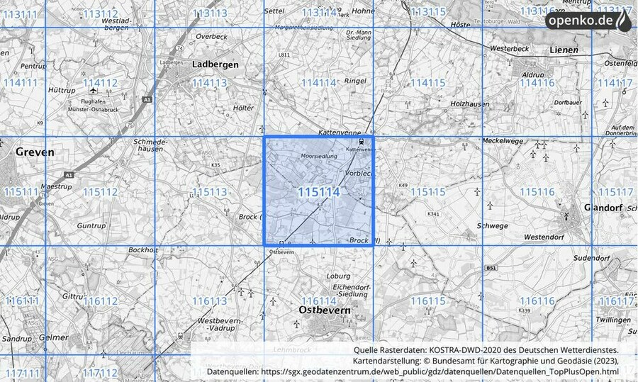 Übersichtskarte des KOSTRA-DWD-2020-Rasterfeldes Nr. 115114