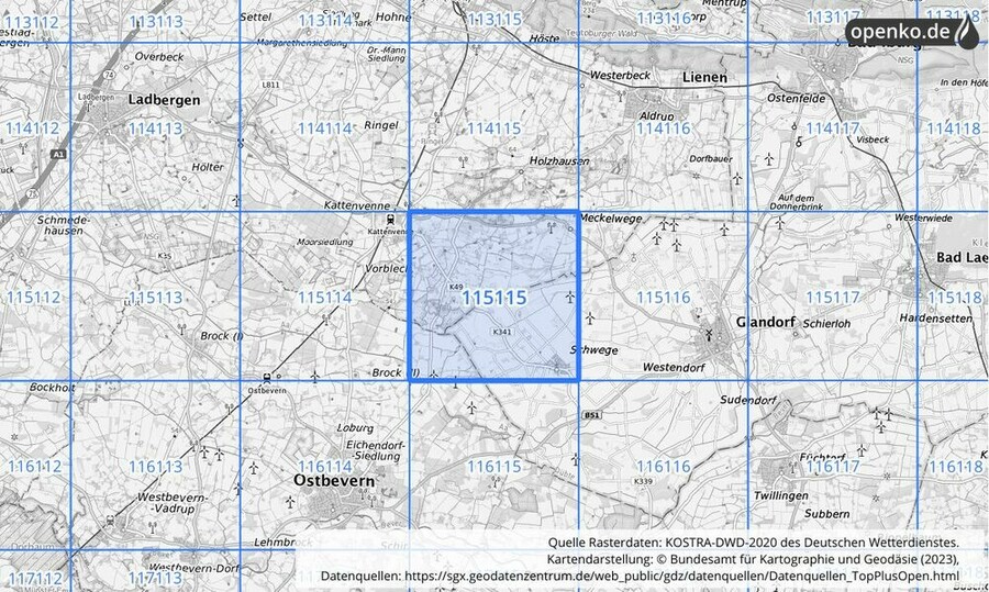 Übersichtskarte des KOSTRA-DWD-2020-Rasterfeldes Nr. 115115