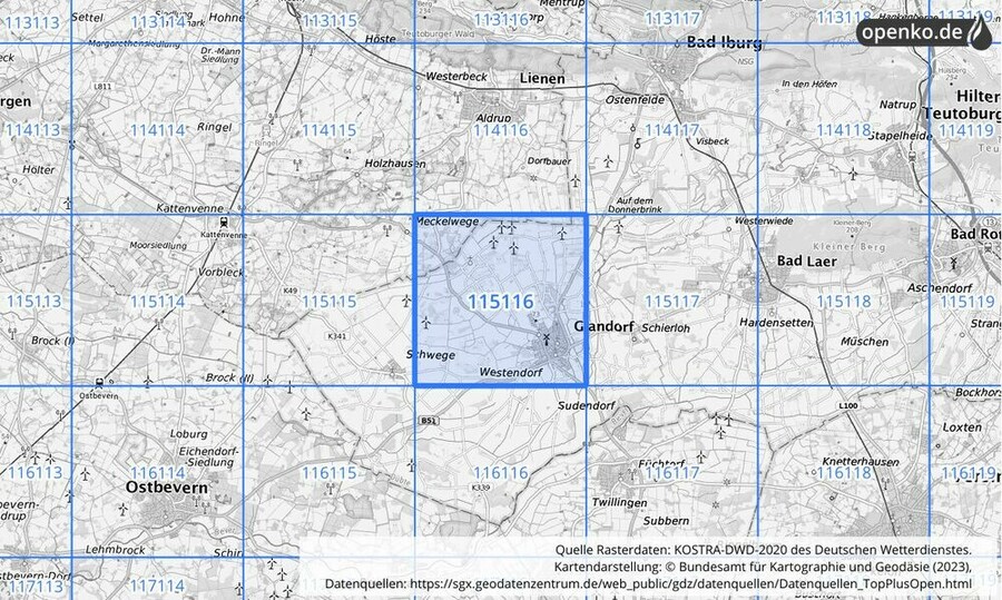 Übersichtskarte des KOSTRA-DWD-2020-Rasterfeldes Nr. 115116