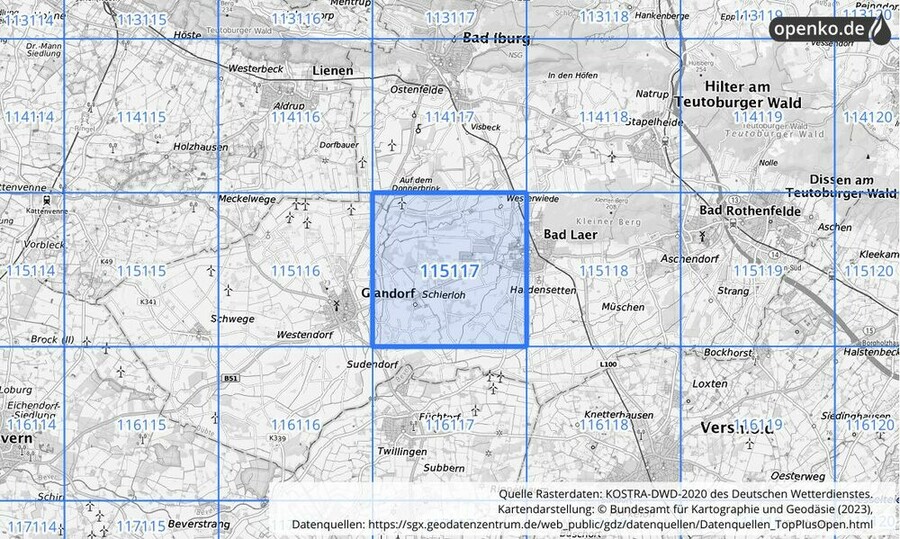 Übersichtskarte des KOSTRA-DWD-2020-Rasterfeldes Nr. 115117