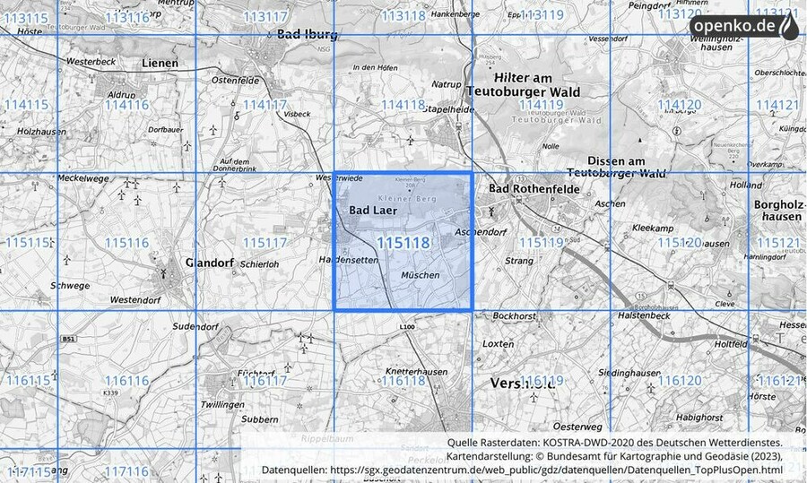 Übersichtskarte des KOSTRA-DWD-2020-Rasterfeldes Nr. 115118