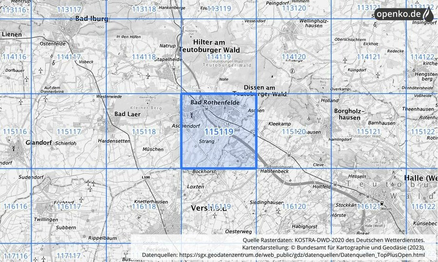 Übersichtskarte des KOSTRA-DWD-2020-Rasterfeldes Nr. 115119