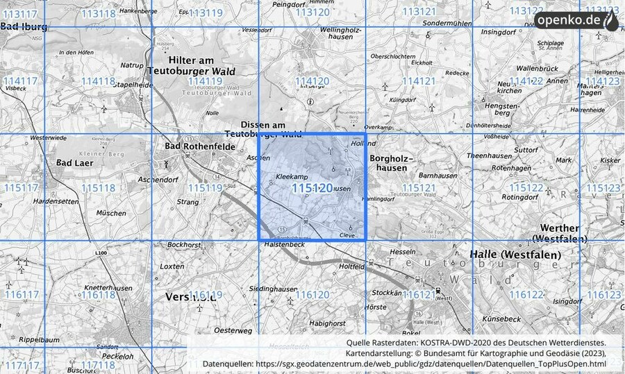 Übersichtskarte des KOSTRA-DWD-2020-Rasterfeldes Nr. 115120