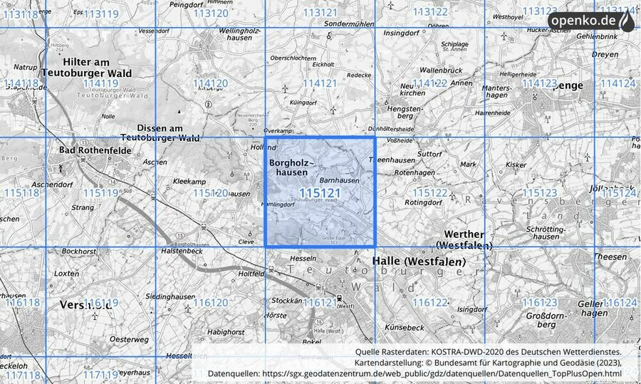 Übersichtskarte des KOSTRA-DWD-2020-Rasterfeldes Nr. 115121