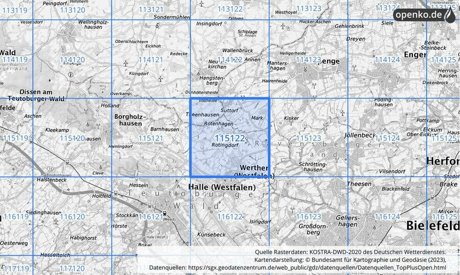 Übersichtskarte des KOSTRA-DWD-2020-Rasterfeldes Nr. 115122