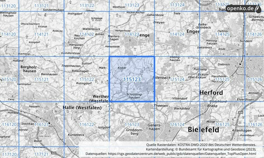 Übersichtskarte des KOSTRA-DWD-2020-Rasterfeldes Nr. 115123