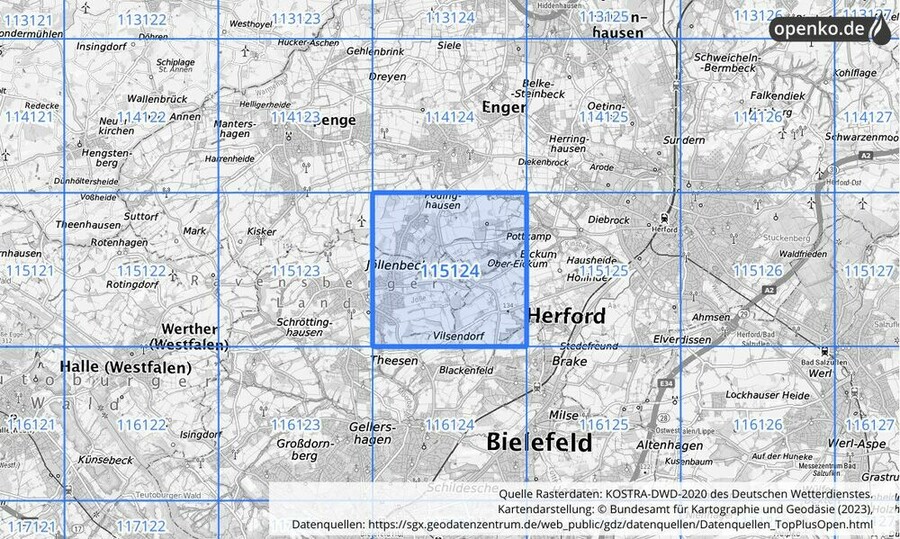 Übersichtskarte des KOSTRA-DWD-2020-Rasterfeldes Nr. 115124