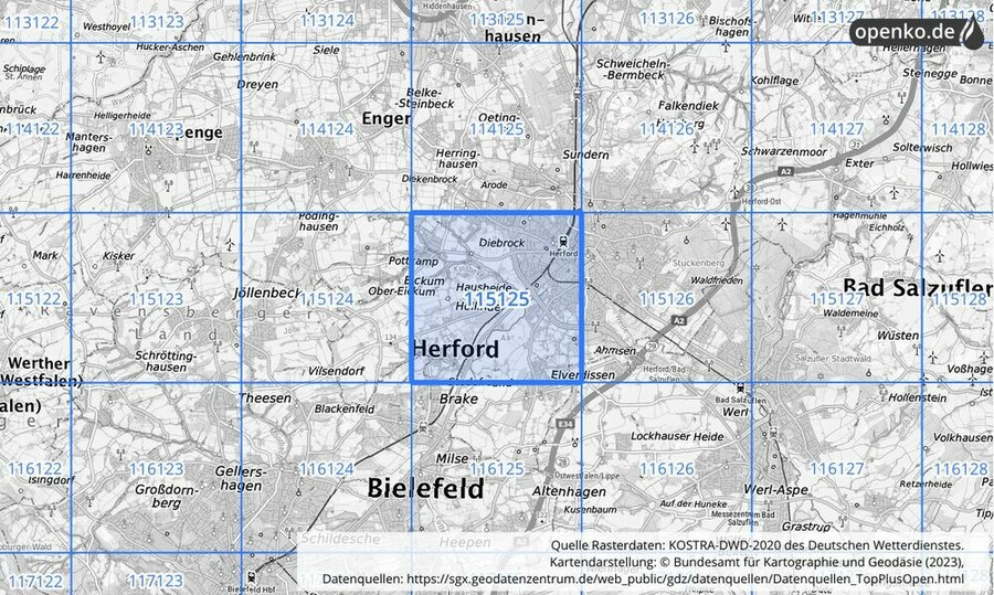 Übersichtskarte des KOSTRA-DWD-2020-Rasterfeldes Nr. 115125