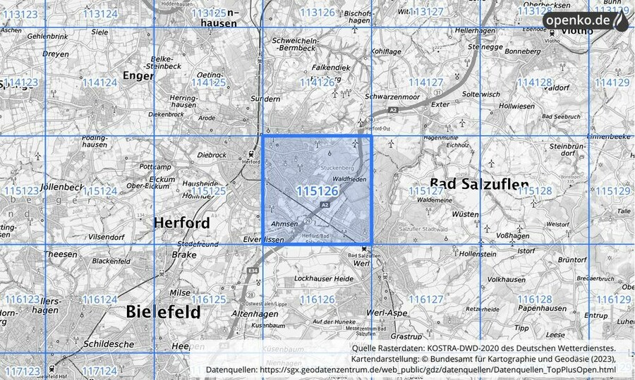 Übersichtskarte des KOSTRA-DWD-2020-Rasterfeldes Nr. 115126