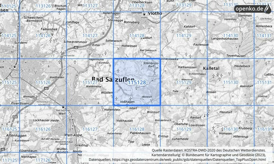 Übersichtskarte des KOSTRA-DWD-2020-Rasterfeldes Nr. 115128