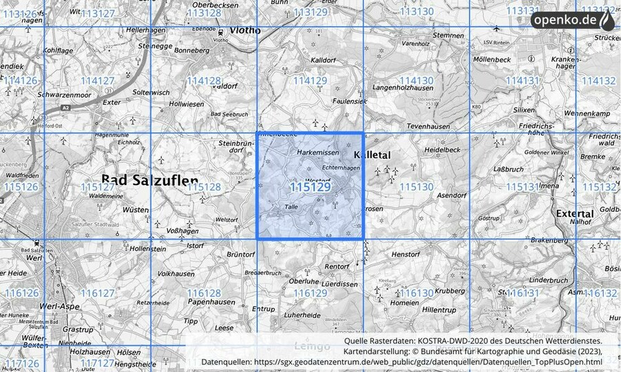 Übersichtskarte des KOSTRA-DWD-2020-Rasterfeldes Nr. 115129