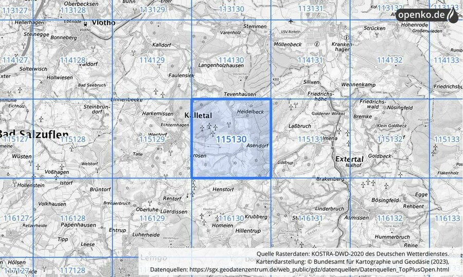 Übersichtskarte des KOSTRA-DWD-2020-Rasterfeldes Nr. 115130