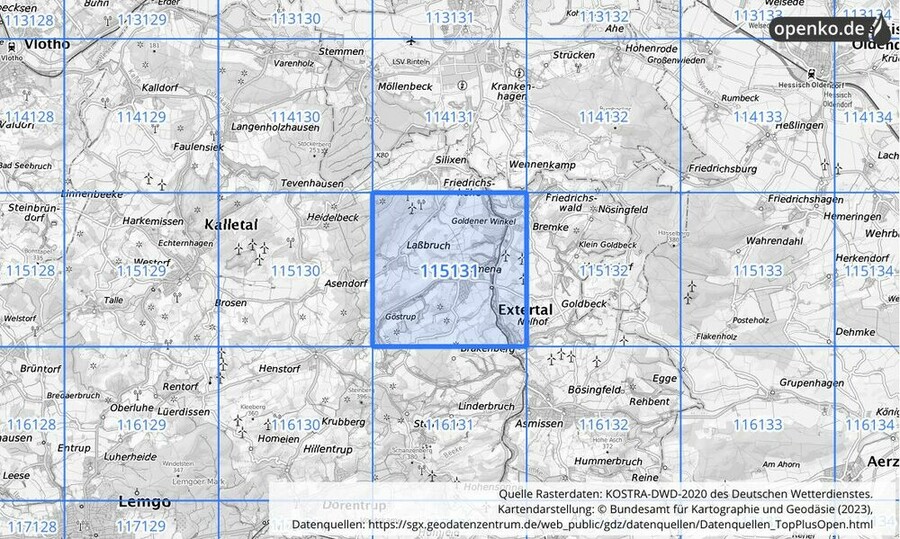 Übersichtskarte des KOSTRA-DWD-2020-Rasterfeldes Nr. 115131