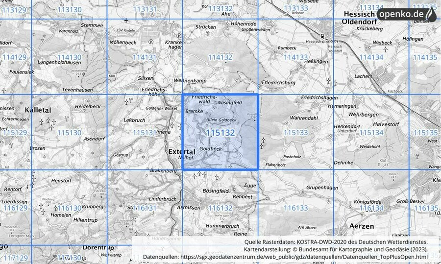 Übersichtskarte des KOSTRA-DWD-2020-Rasterfeldes Nr. 115132