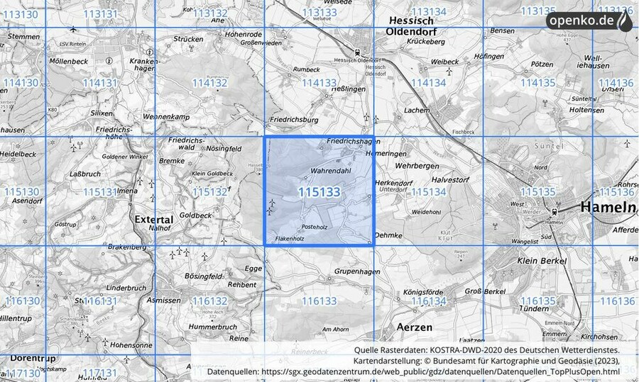 Übersichtskarte des KOSTRA-DWD-2020-Rasterfeldes Nr. 115133