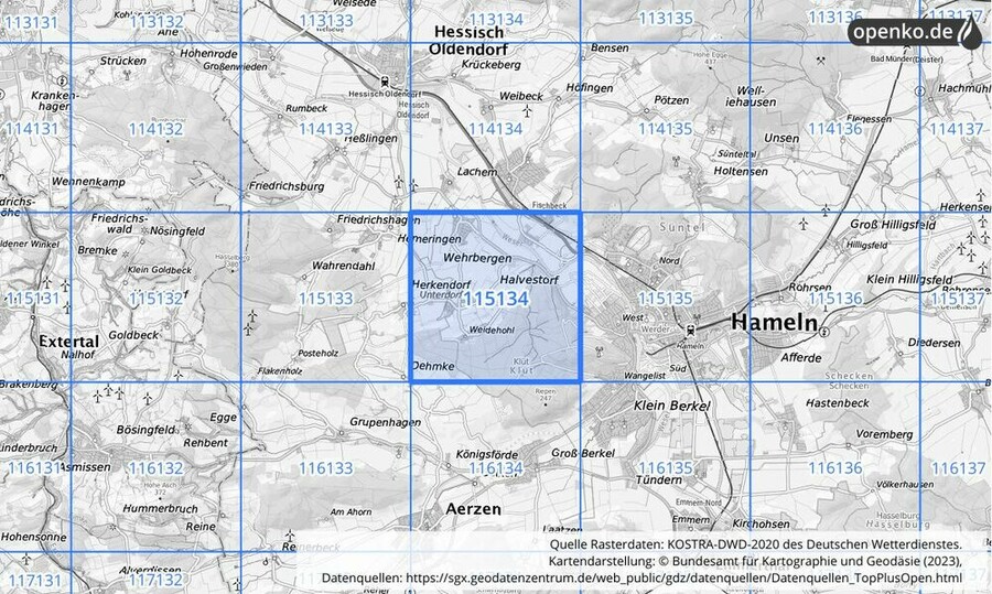 Übersichtskarte des KOSTRA-DWD-2020-Rasterfeldes Nr. 115134