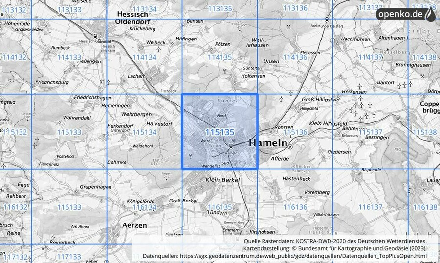 Übersichtskarte des KOSTRA-DWD-2020-Rasterfeldes Nr. 115135