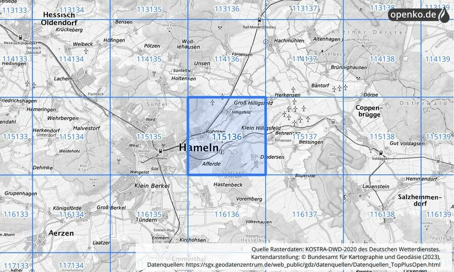 Übersichtskarte des KOSTRA-DWD-2020-Rasterfeldes Nr. 115136