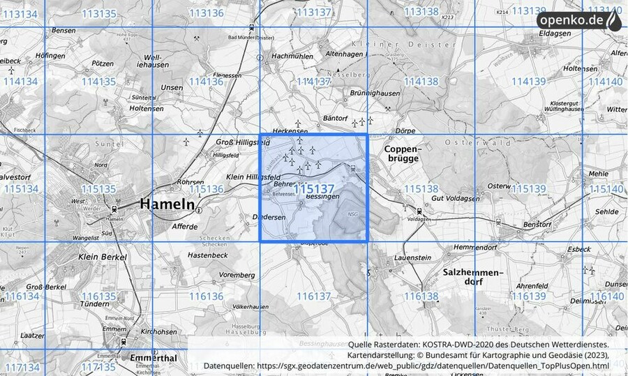 Übersichtskarte des KOSTRA-DWD-2020-Rasterfeldes Nr. 115137