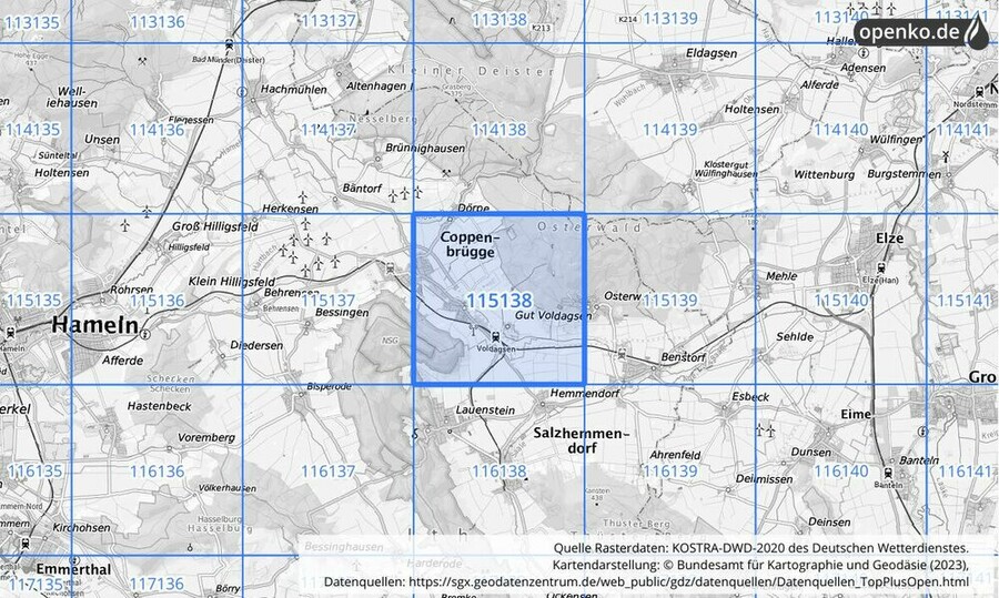 Übersichtskarte des KOSTRA-DWD-2020-Rasterfeldes Nr. 115138