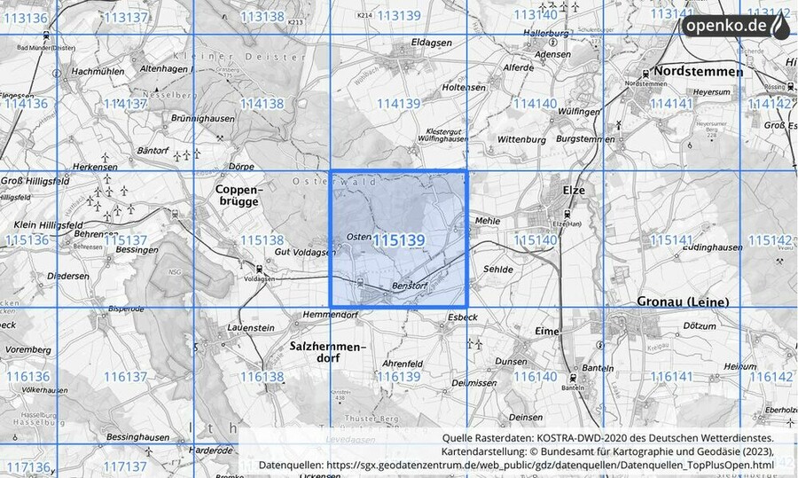 Übersichtskarte des KOSTRA-DWD-2020-Rasterfeldes Nr. 115139