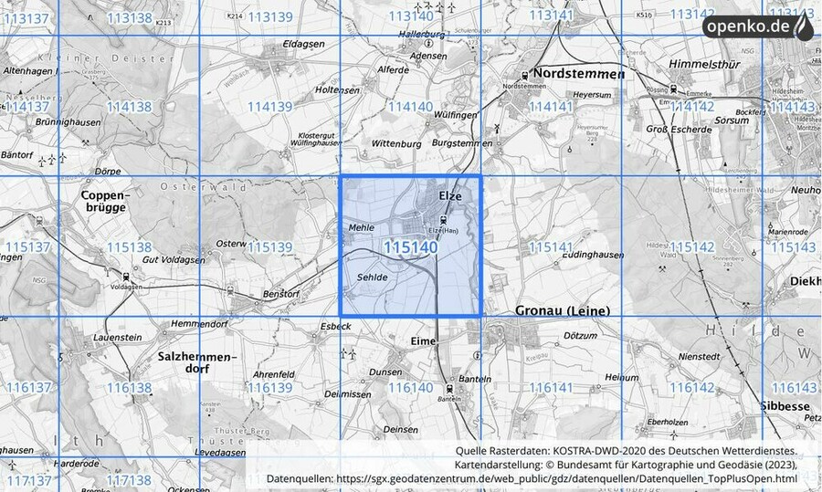 Übersichtskarte des KOSTRA-DWD-2020-Rasterfeldes Nr. 115140