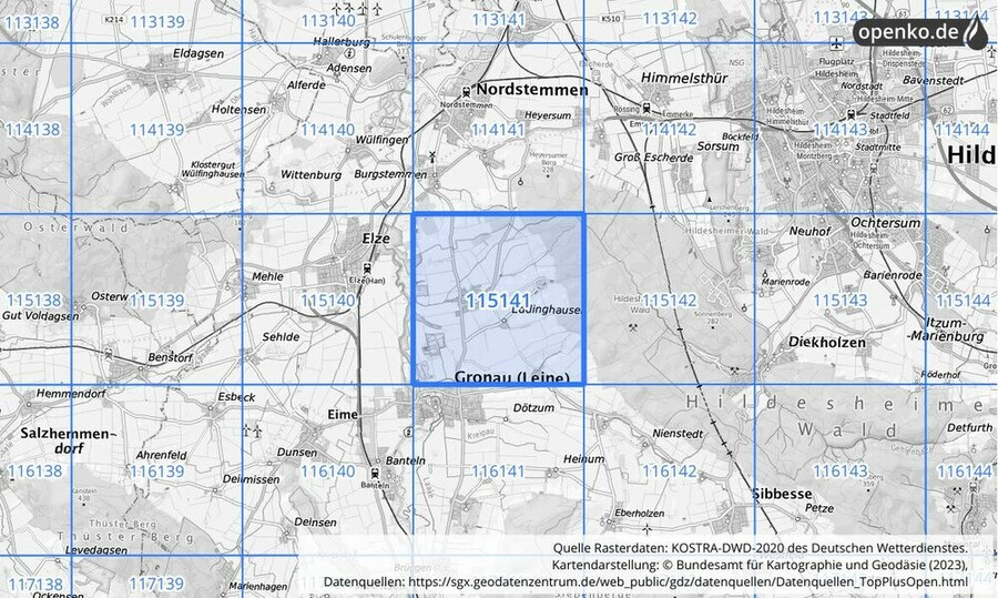 Übersichtskarte des KOSTRA-DWD-2020-Rasterfeldes Nr. 115141