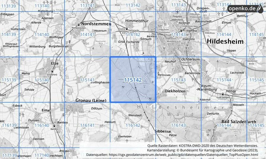 Übersichtskarte des KOSTRA-DWD-2020-Rasterfeldes Nr. 115142